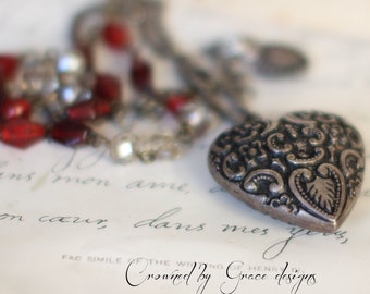 Be Mine ~ vintage assemblage necklace repousse heart one of a kind repurposed crownedbygrace