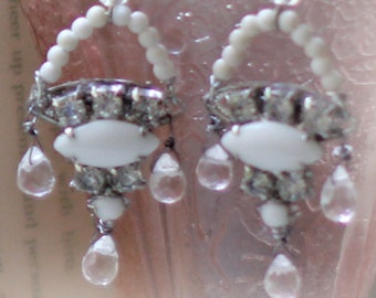 White Rain earrings ~ vintage assemblage earrings one of a kind handmade milk glass rhinestones crystal briolettes