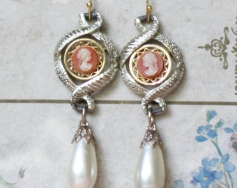 Little Women earrings~ vintage assemblage earrings one of a kind handmade cameo earrings crownedbygrace