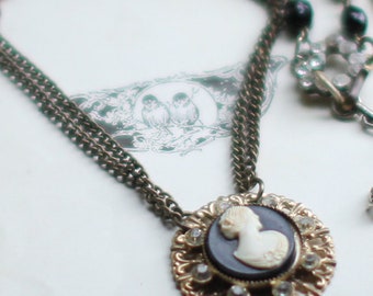 Victorian Lady ~ vintage assemblage necklace one of a kind ooak cameo necklace black rosary beaded chain crowned by grace