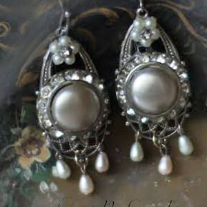 Moon Beams~ vintage assemblage earrings rhinestone silvery pearls repurposed one of a kind earrings crowned by grace