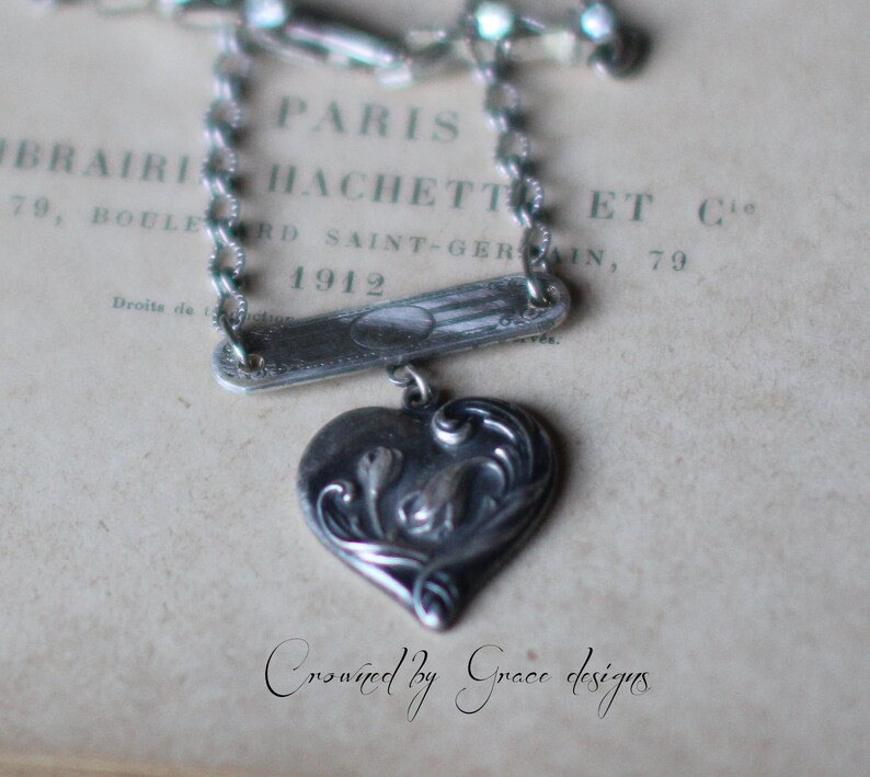 My Love ~ vintage assemblage necklace handmade silver repousse silver heart engraved one of a kind rosary pearls antique crowned by grace