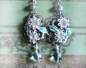 White Gardenia earrings~ vintage assemblage  white flowers, handmade crownedbygrace