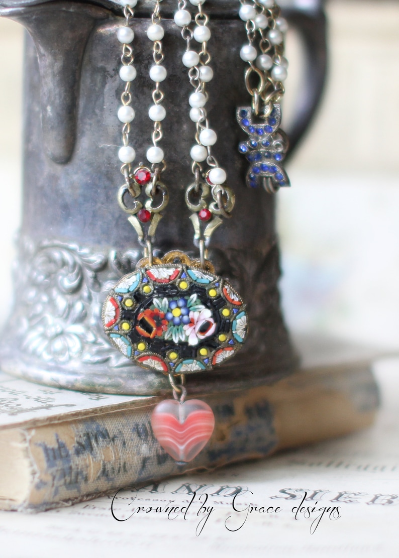 Liberty Love necklace~ vintage assemblage necklace red white blue Italian mosaic micro tiles heart flowers roses crownedbygrace