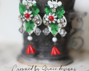 Red Poppies earrings ~ vintage assemblage earrings floral flowers handmade one of a kind crownedbygrace