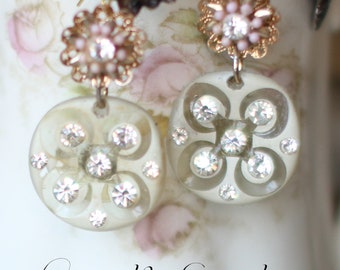 Creme de la Creme earrings ~ vintage assemblage earrings pink flowers rhinestones one of a kind handmade crownedbygrace