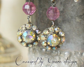 Peony Pinks ~ vintage assemblage earrings one of a kind handmade pinks swarovski rhinestones crownedbygrace