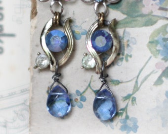 Blue Skies earrings~ vintage assemblage earrings one of a kind handmade blue floral flower crownedbygrace