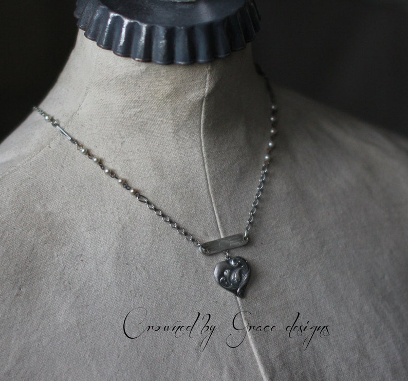 My Love ~ vintage assemblage necklace handmade silver repousse silver heart engraved one of a kind rosary pearls antique crowned by grace