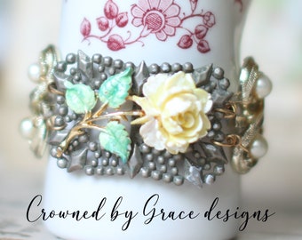 Yellow Rose of Texas bracelet ~ vintage assemblage bracelet one of a kind handmade floral pearls crownedbygrace