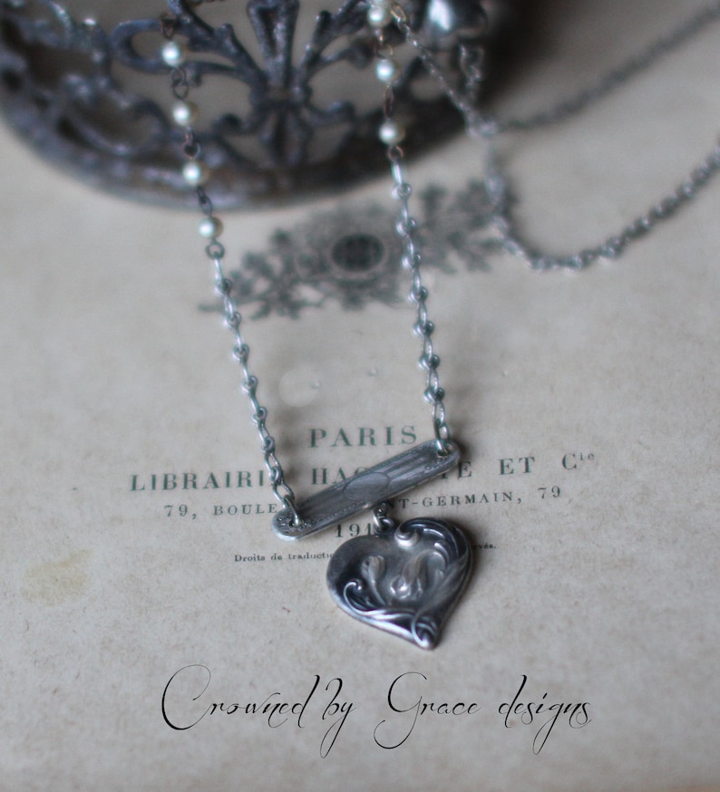 My Love ~ vintage assemblage necklace handmade silver repousse silver heart engraved one of a kind rosary pearls antique crowned by grace