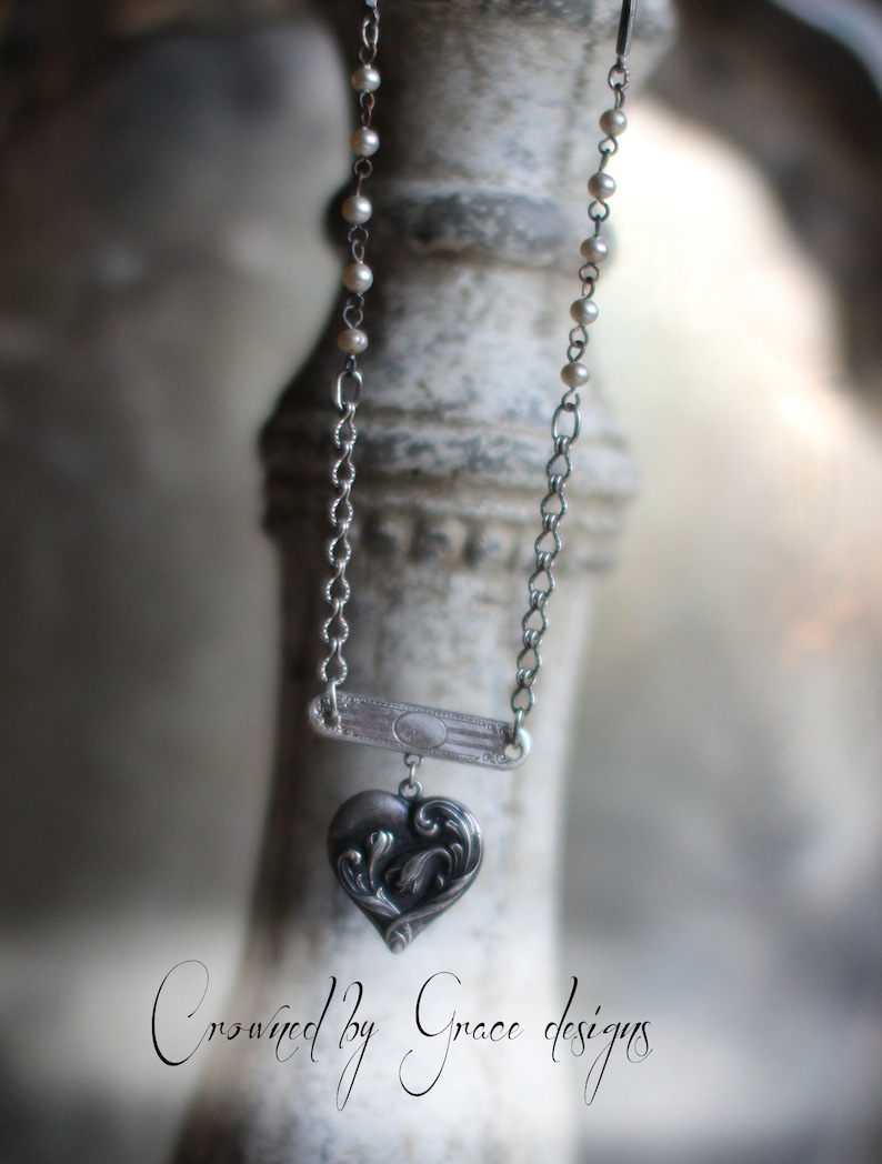 My Love ~ vintage assemblage necklace handmade silver repousse silver heart engraved one of a kind rosary pearls antique crowned by grace
