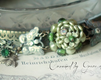 Secret Garden Bracelet~ vintage assemblage bracelet butterflies bees dragonflies one of a kind handmade crownedbygrace