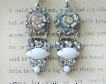 Pink Sweets earrings ~ vintage assemblage one of a kind handmade flower white crownedbygrace