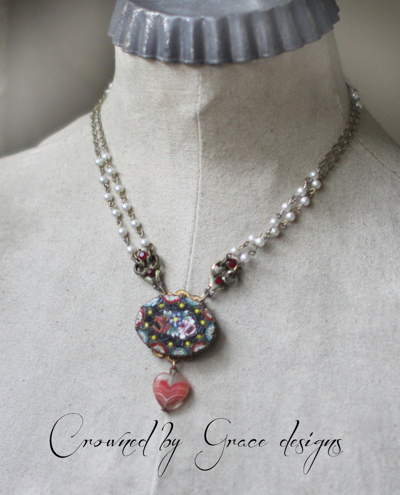Liberty Love necklace~ vintage assemblage necklace red white blue Italian mosaic micro tiles heart flowers roses crownedbygrace