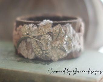 Woodland Bouquet bracelet~ vintage assemblage bracelet leather paste rhinestones crownedbygrace