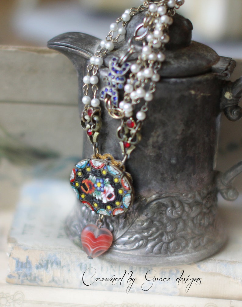 Liberty Love necklace~ vintage assemblage necklace red white blue Italian mosaic micro tiles heart flowers roses crownedbygrace