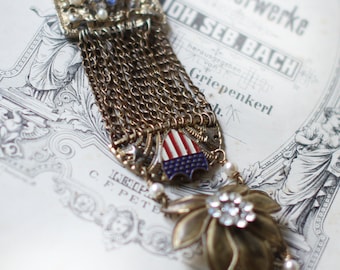 God Bless America bracelet~ vintage assemblage bracelet patriotic handmade one of a kind crownedbygrace