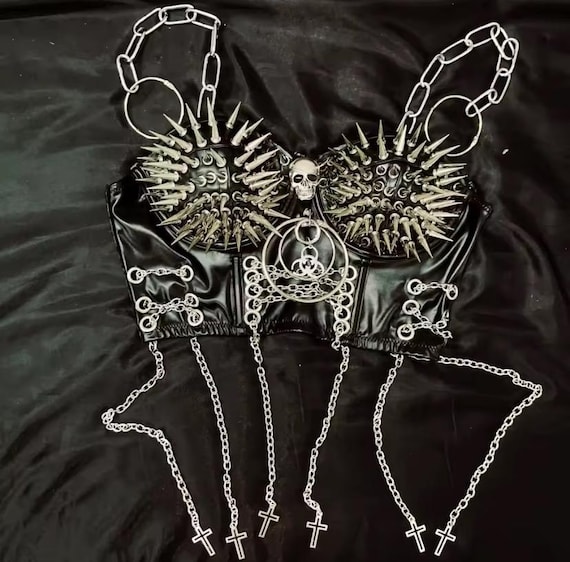 Gothic Crop Top with Chains for Straps and punk detailing all over