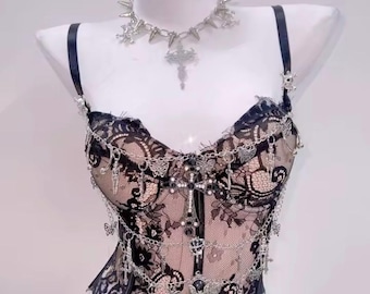 Black Lace  Corset with Punk Gothic Chains