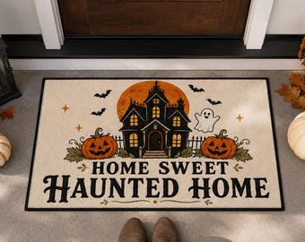 Haunted House Halloween Doormat, Home Sweet Haunted Home Welcome Mat, Fall Porch Decor