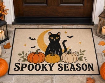 Black Cat Halloween Doormat, Pumpkin Spooky Season Welcome Mat, Fall Porch Decor
