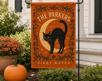 Personalized Halloween Black Cat Garden Flag, Vintage Family Name Yard Decor