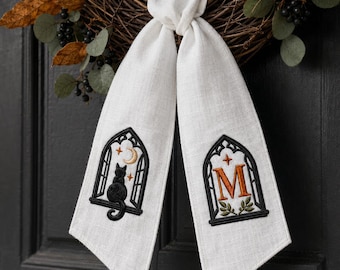 Personalized Black Cat Wreath Sash, Embroidered Monogram Halloween Door Decor