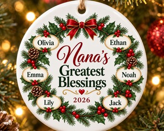Personalized Grandma Ornament with Grandkids Names, Christmas Gift for Grandma, Heirloom Wreath Keepsake