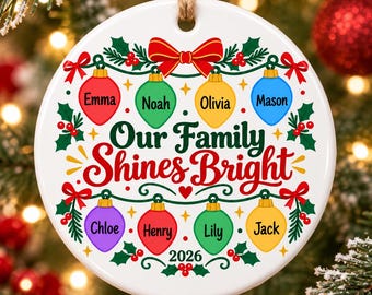 Personalized Family Ornament with Names, Family Christmas Lights Ceramic Ornament, Custom Christmas Keepsake