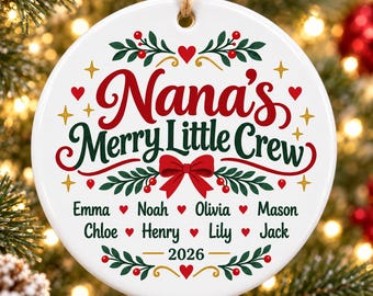 Personalized Grandma Ornament with Grandkids Names, Christmas Gift for Grandma, Merry Little Crew Ceramic Keepsake