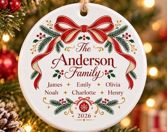 Personalized Family Name Ornament with Names, Custom Family Christmas Ornament, Heirloom Bow Ceramic Keepsake