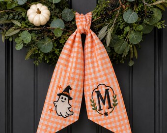 Embroidered Halloween Wreath Sash: Personalized Ghost Monogram Door Bow