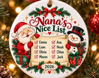 Personalized Grandma Ornament with Grandkids Names, Nana’s Nice List Christmas Gift, Ceramic Keepsake