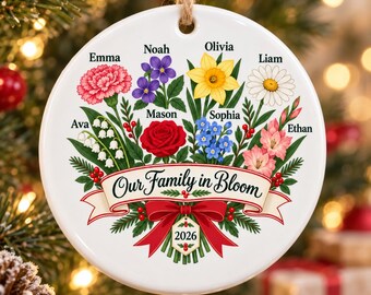 Personalized Family Birth Flower Ornament, Family Christmas Ornament with Names, Custom Ceramic Keepsake