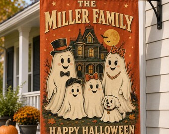 Personalized Ghost Family House Flag, Retro Halloween Porch Decor