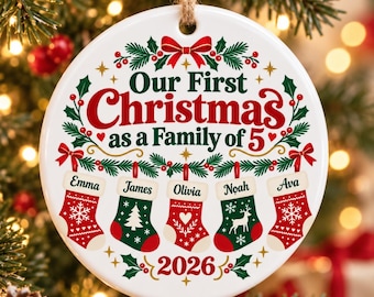 Personalized First Christmas Family Ornament, Family of 5 Ornament with Names, Ceramic Stocking Keepsake