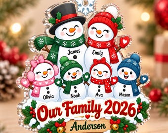 Personalized Family Ornament with Names, Snowman Family Christmas Ornament 2026, Custom Acrylic Family Keepsake Gift
