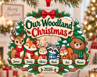 Personalized Family Christmas Ornament with Names, Woodland Family Acrylic Ornament, Custom Family Keepsake Gift 2026