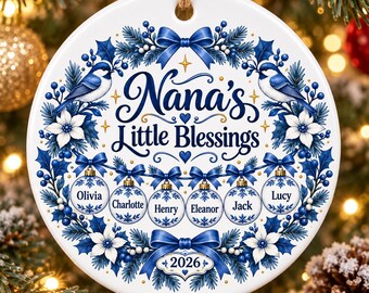 Personalized Grandma Ornament with Grandkids Names, Blue Christmas Ceramic Ornament, Gift for Grandma