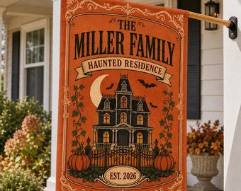 Personalized Halloween House Flag, Vintage Haunted Residence Family Name Decor