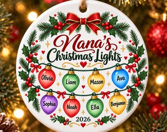 Personalized Grandma Ornament with Grandkids Names, Christmas Lights Ornament, Gift for Grandma, Ceramic Keepsake