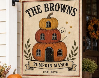 Personalized Fall House Flag, Vintage Pumpkin Manor Family Name Decor
