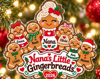Personalized Nana Ornament, Grandkids Acrylic Christmas Ornament, Grandchildren Names Gift, Gingerbread Family Keepsake