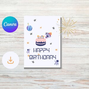 Adorable carte d'anniversaire de l'espace | Jolie carte de voeux imprimable pour les enfants | Carte pliable de 5 x 7 pouces à téléchargement numérique