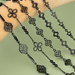 Svarta kedjor för att göra armband/halsband i stål, gem, klöver, figaro, stjärna