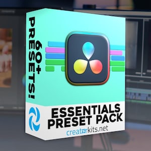 May include: A teal box with the text "60+ PRESETS!" and "ESSENTIALS PRESET PACK." The box features a logo with a black background and colorful droplet shapes. The website creatorkits.net is also visible.