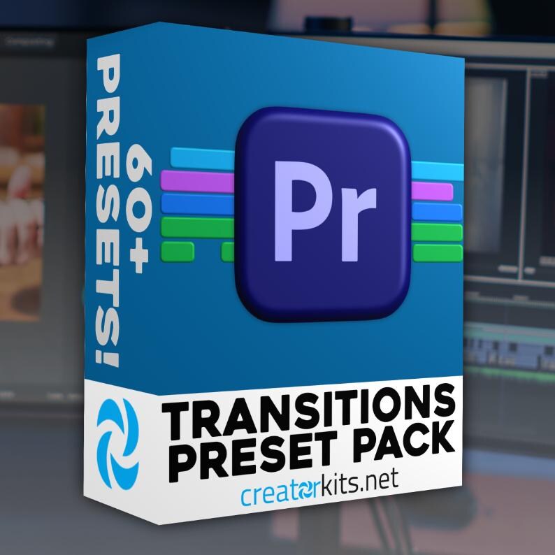 Op de afbeelding: Een blauwe doos met het Adobe Premiere Pro-logo en de tekst "60+ PRESETS!" en "TRANSITIONS PRESET PACK". De website creatorkits.net is ook zichtbaar. De doos heeft een wit en blauw wervellogo.