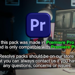 Op de afbeelding: Een donkerblauwe vierkant met afgeronde hoeken met de letters "Pr" in lichtblauw. De tekst hieronder vermeldt dat het pakket is gemaakt in Premiere Pro en alleen compatibel is met Premiere Pro.