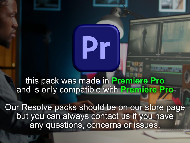 Op de afbeelding: Een donkerblauwe vierkant met afgeronde hoeken met de letters "Pr" in lichtblauw. De tekst hieronder vermeldt dat het pakket is gemaakt in Premiere Pro en alleen compatibel is met Premiere Pro.